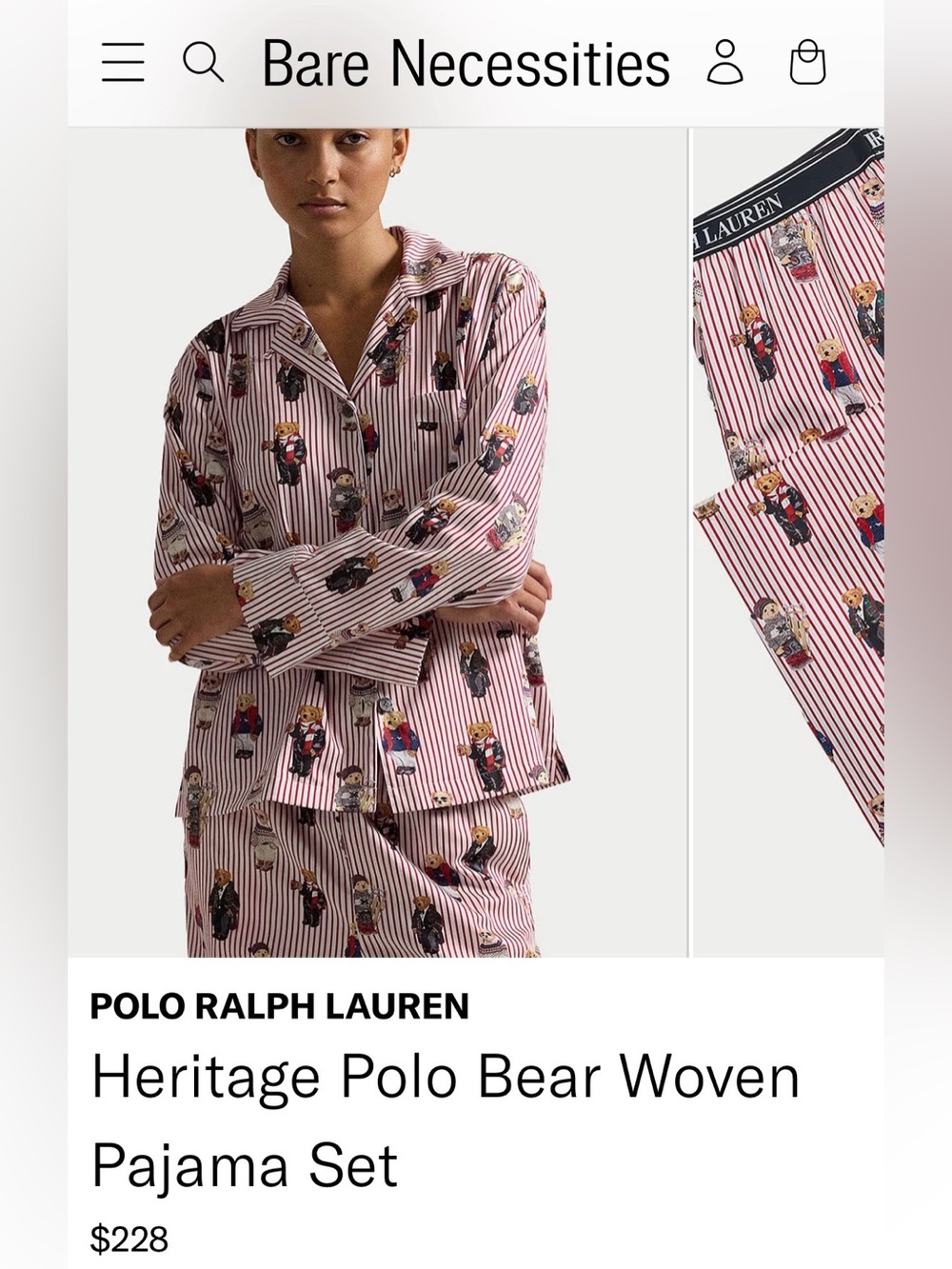 Ralph Lauren Red and White Striped Polo Bear Pajama Top